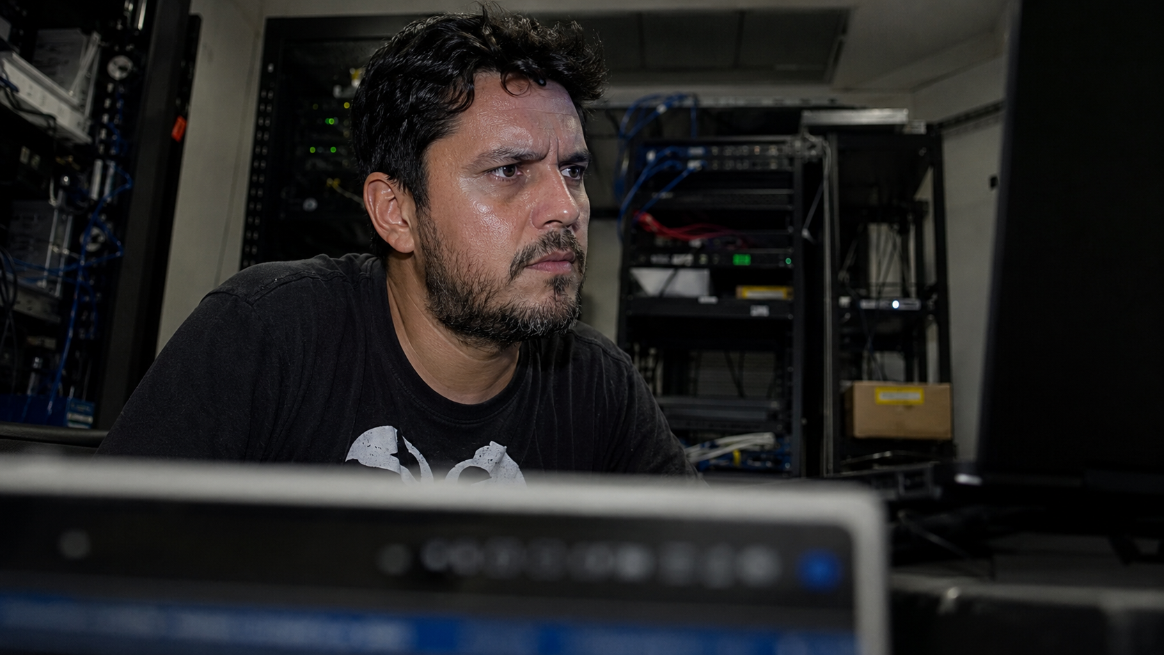 Especialista em Sistemas analisando painel de monitoramento com tráfego estabilizado e seguro