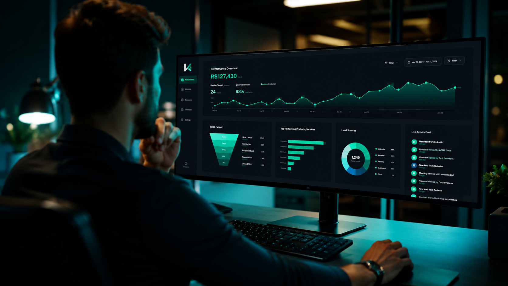 Profissional de TI analisando dados em um painel moderno na nuvem